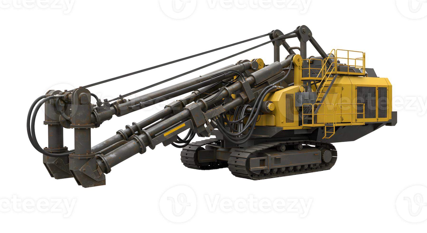 Powerful Yellow and Gray Tracked Excavator with Long Drill Arm png