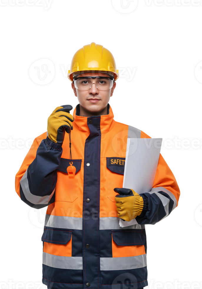 Portrait of a Construction Worker in Orange and Blue Workwear png