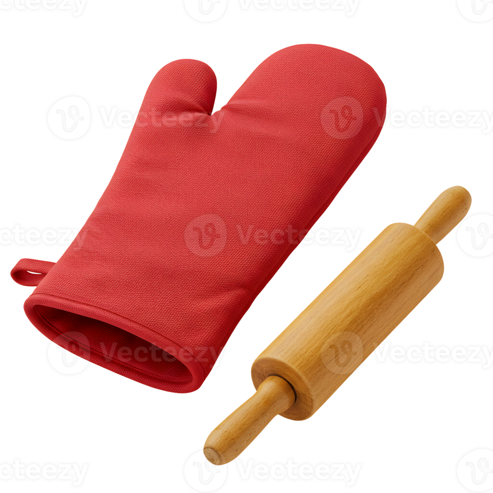 Red Oven Mitt and Wooden Rolling Pin on Transparent Background png