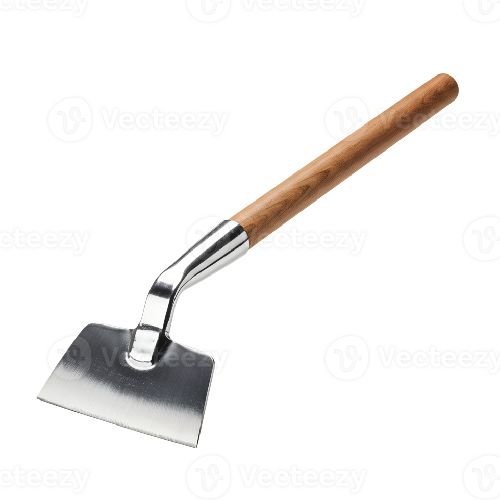 Silver Metal Garden Hoe with Wooden Handle on Transparent Background png