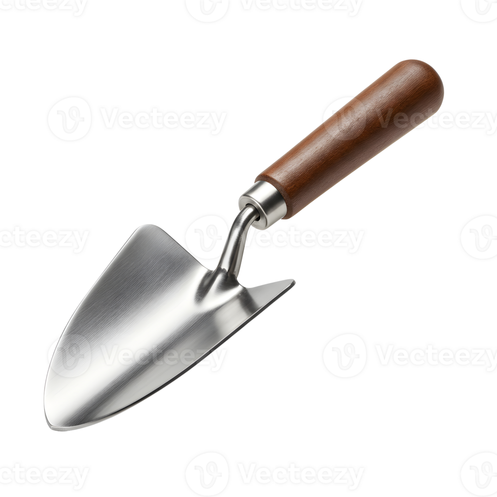 Small Silver Hand Trowel with Brown Wooden Handle on Transparent Background png