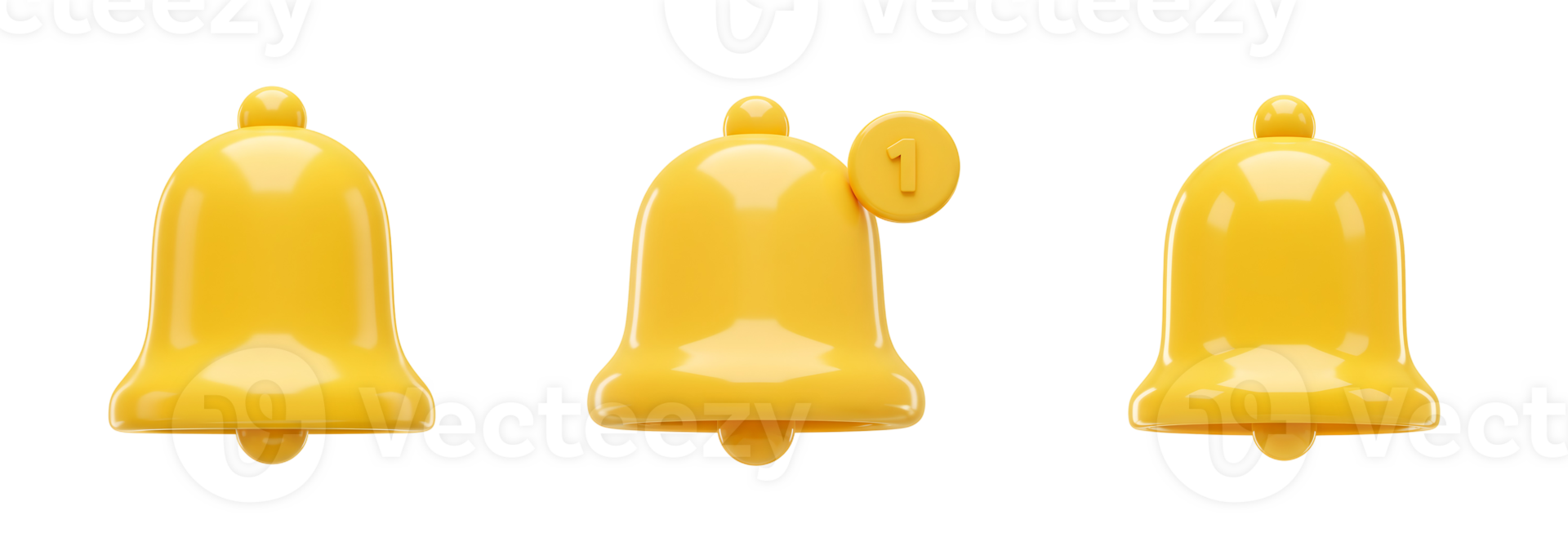Three Yellow 3D Notification Bells with One Showing a Number One png