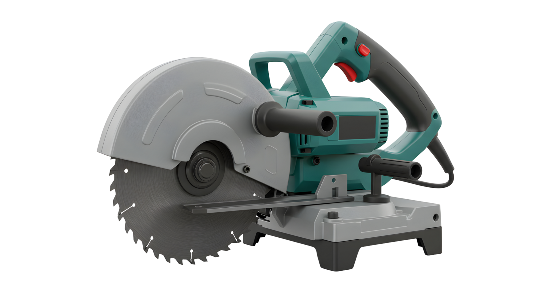Teal And Grey Metal Cutting Saw With Circular Blade On Transparent Background png