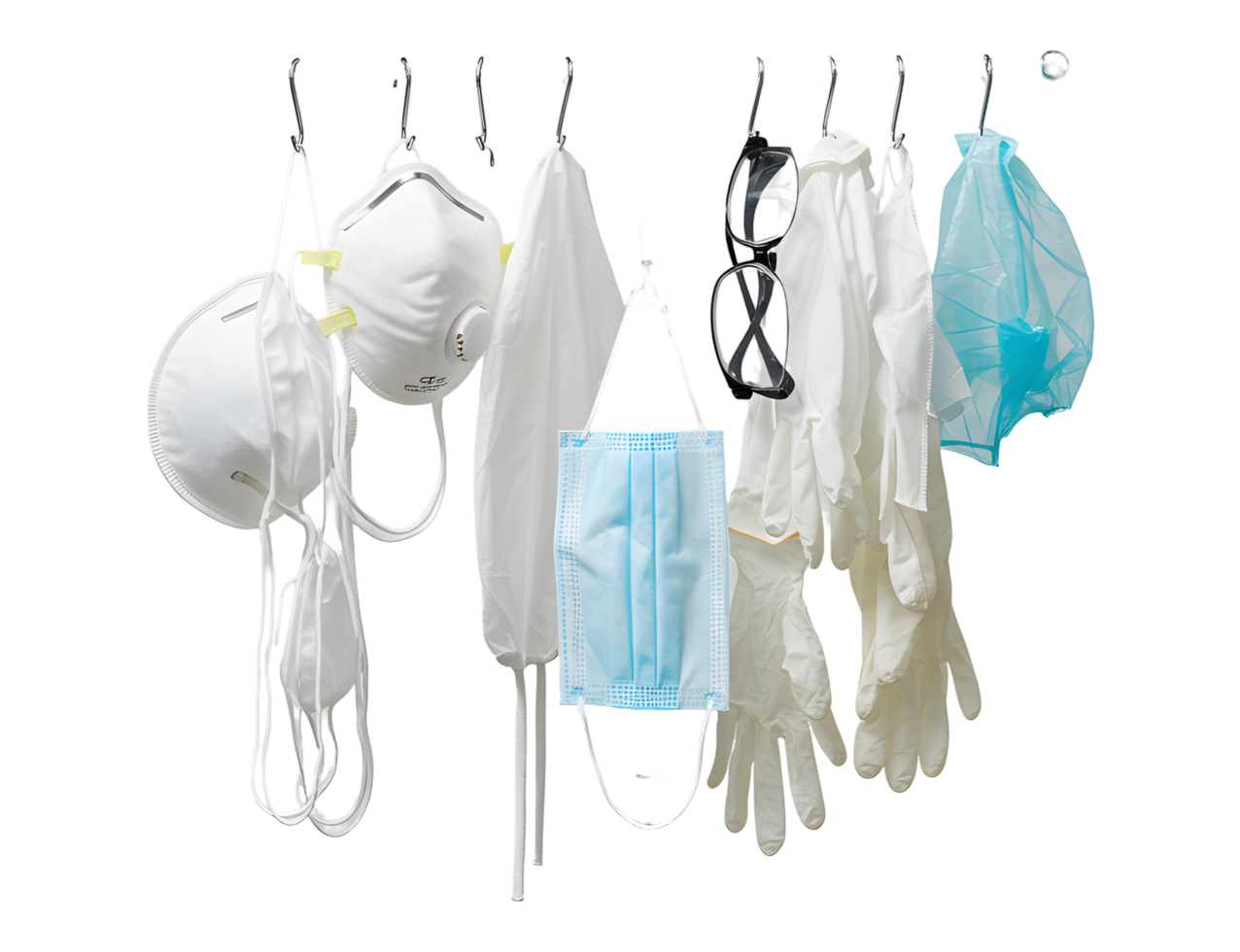 Various Medical Masks and Gloves Hanging on a Hook Against a Transparent Background png
