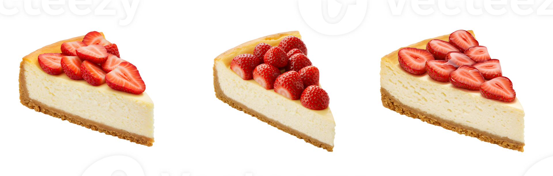Three Slices of Creamy Cheesecake Topped with Fresh Strawberries png