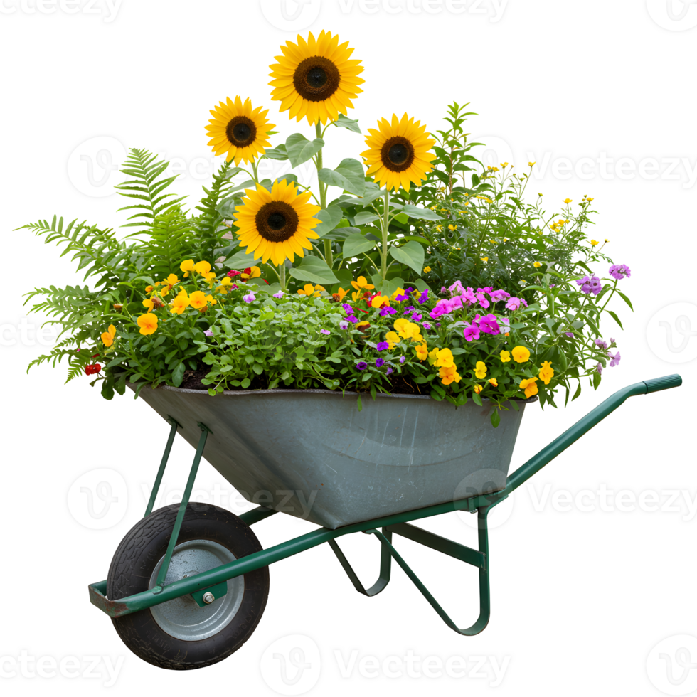 Wheelbarrow overflowing with vibrant sunflowers and colorful flowers png