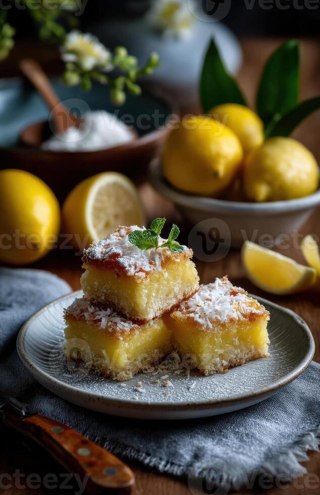 Delicious lemon bars sprinkled with coconut flakes resting on a plate photo