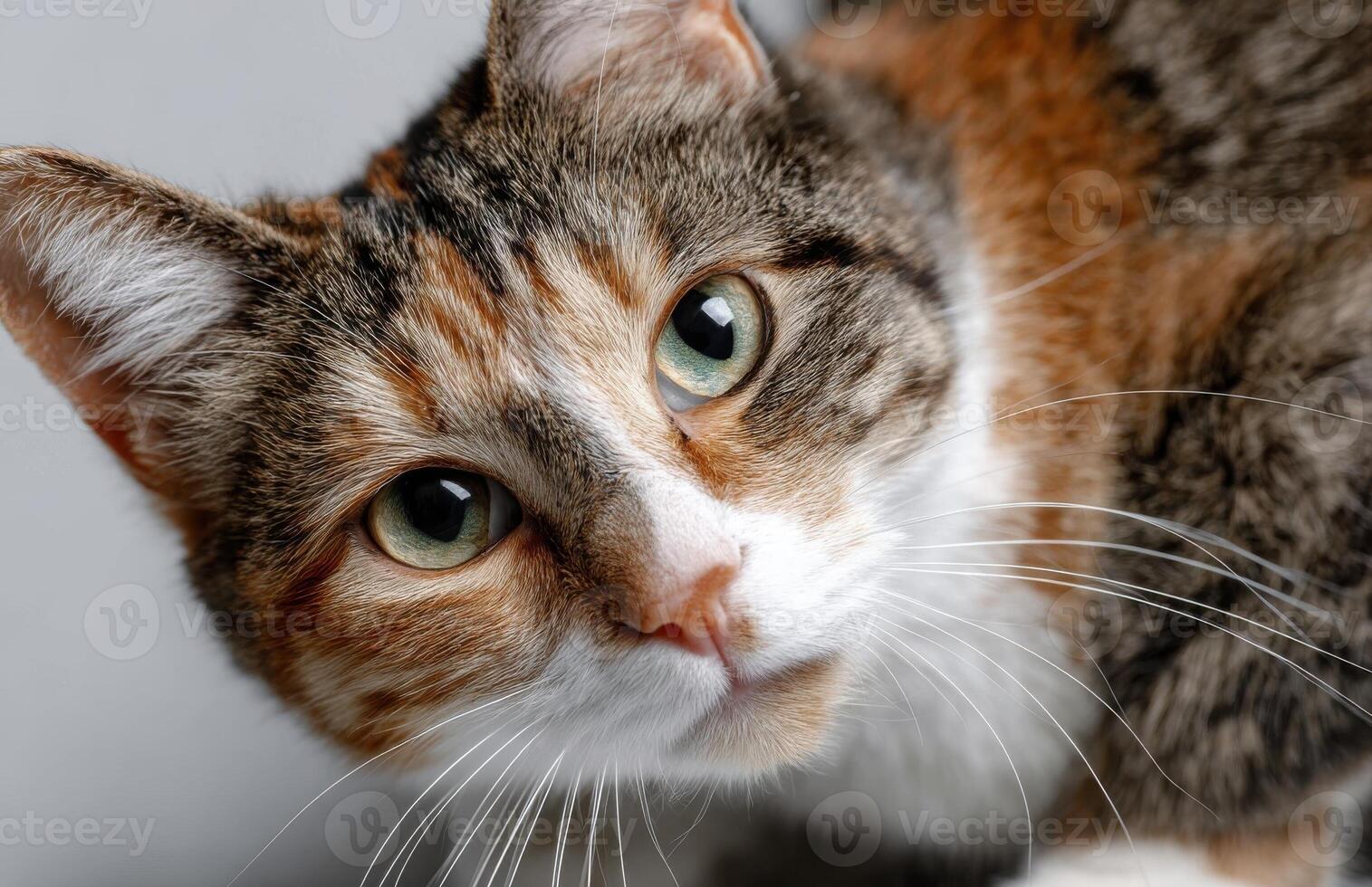 Portrait of calico cat sitting and looking up with curious expression photo
