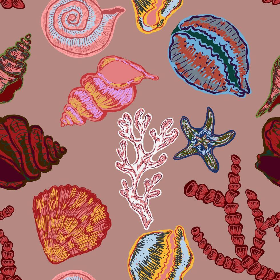 seashells and coral on a pink background vector