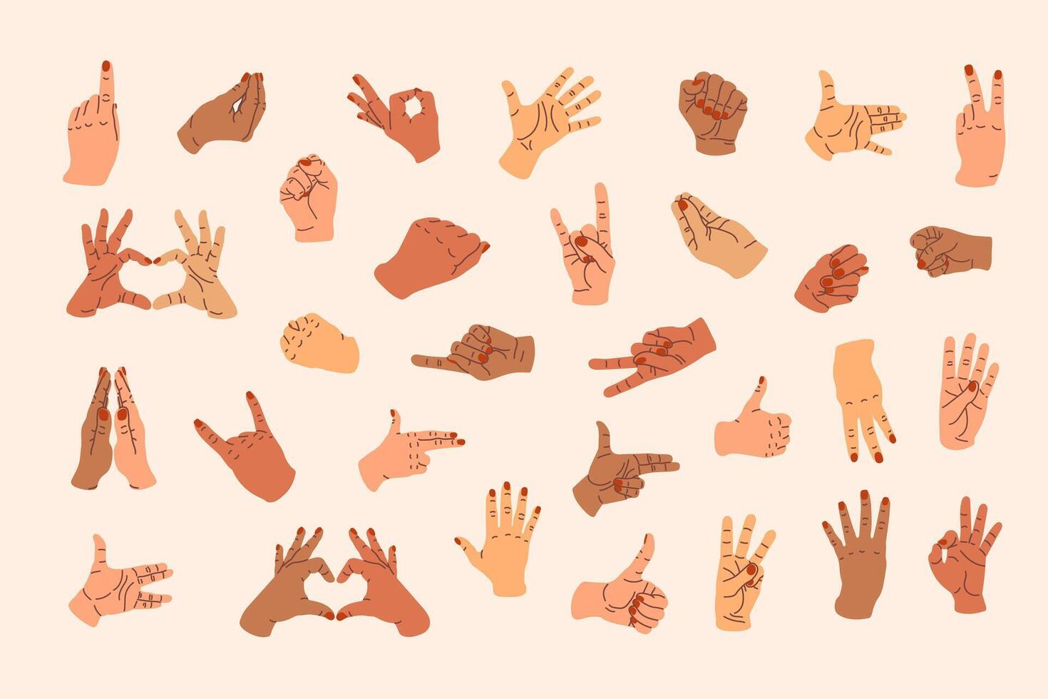 Hand gestures set. Signs, expression pointing finger, clenched fist, open, greeting palms, OK symbol vector