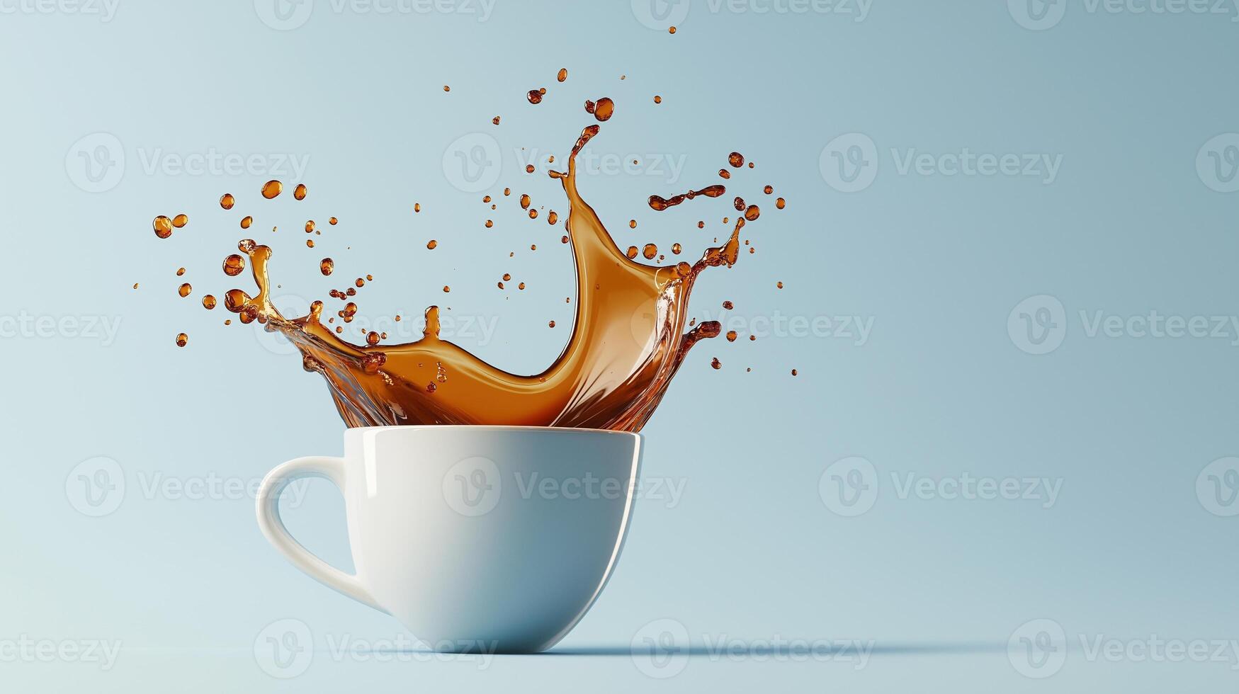 Coffee splash wave over ceramic cup banner image. Fresh hot drink for morning photo-realistic background blue. Brown beverage drops in airmotion concept photography copy space photo