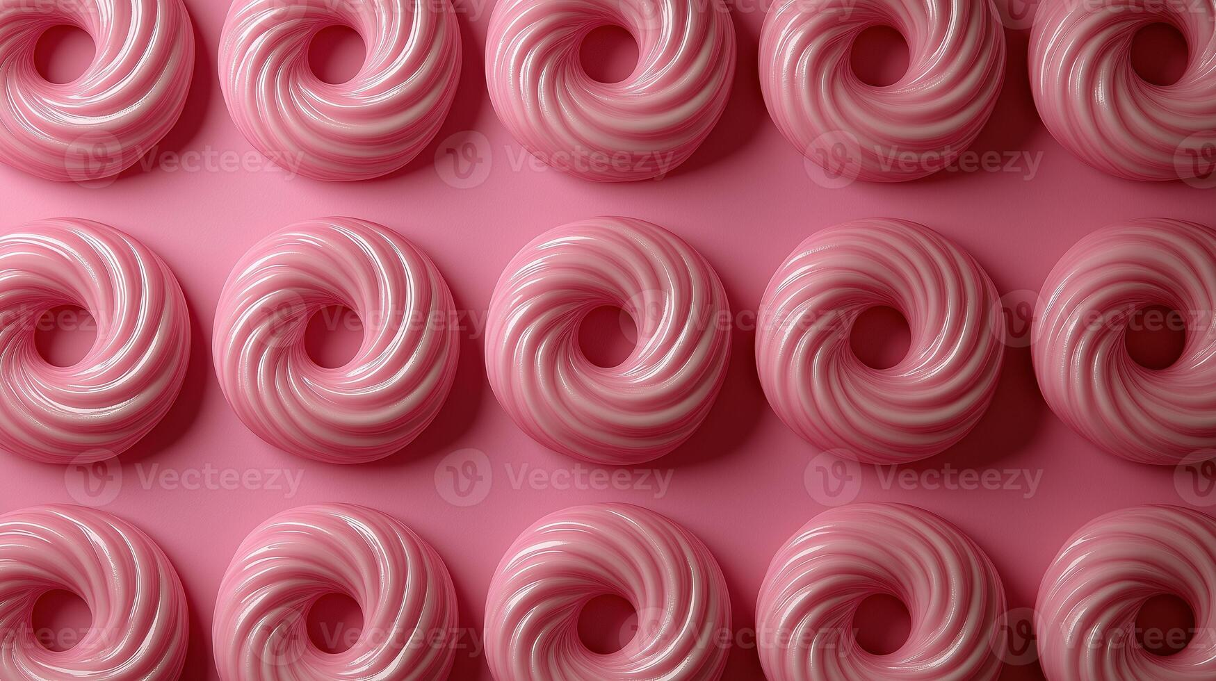Pink textured gummy rings rows top view image render 3d. Tasty handmade dessert. Healthy sweet snacks of kids background realistic graphic. Conceptual idea, visual storytelling photo