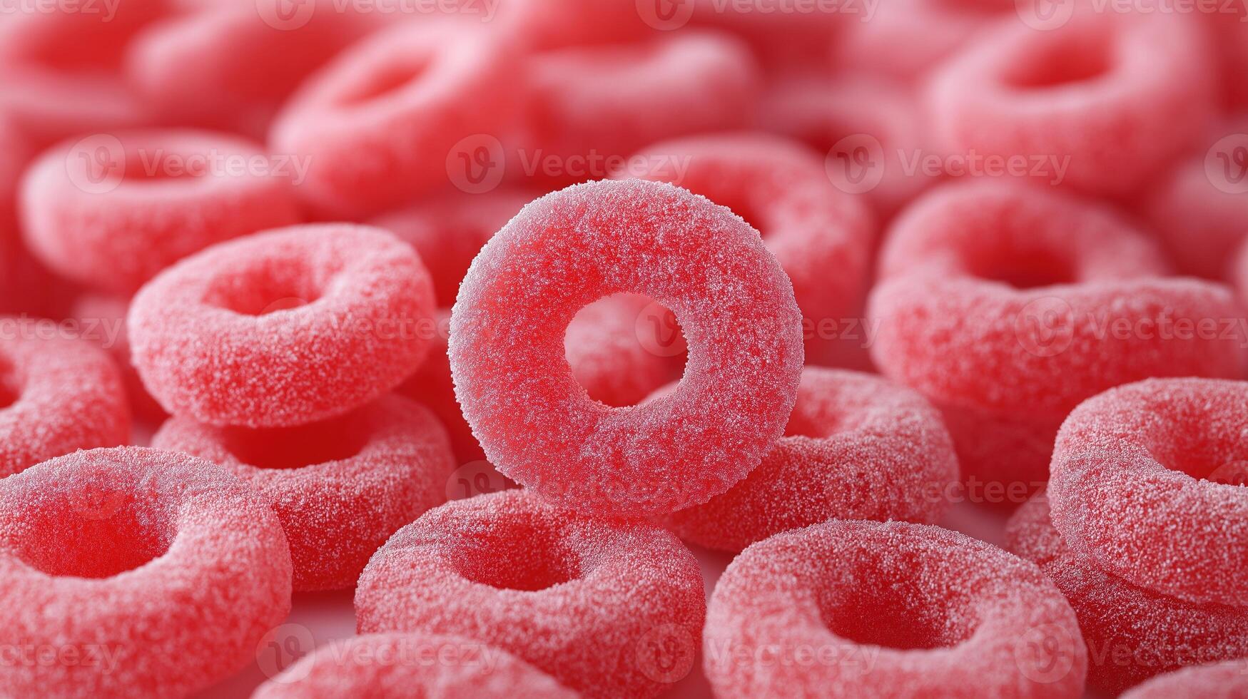 Tasty pink gummy candies with powdered sugar image render 3d. Delicious sweet snacks. Gelatin rings of fruits background realistic graphic. Conceptual idea, visual storytelling photo