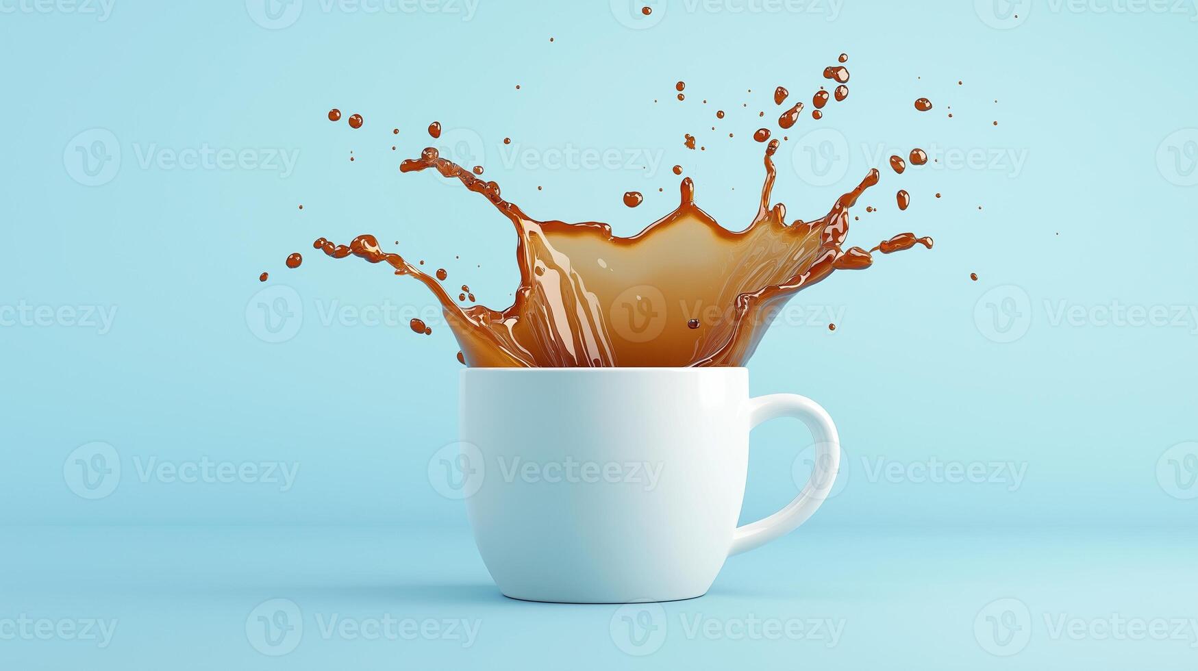 Dynamic still life with flying coffee splashes cup on blue background image. Enjoying fresh drink in morning photography scene photorealistic. Healthy beverage concept photo realistic