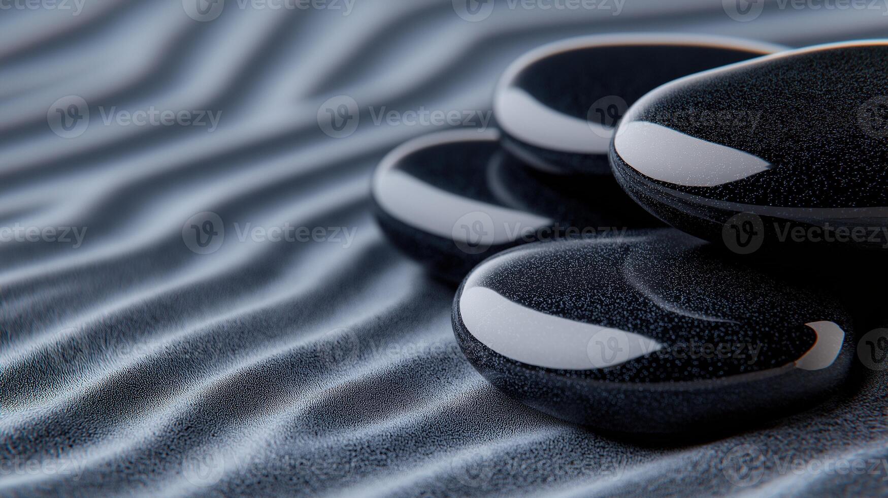 Glossy black pebbles on sand banner image. Stack of massage rocks in spa salon photo-realistic background grey. Zen like composition depicting minimalism concept photography copy space photo