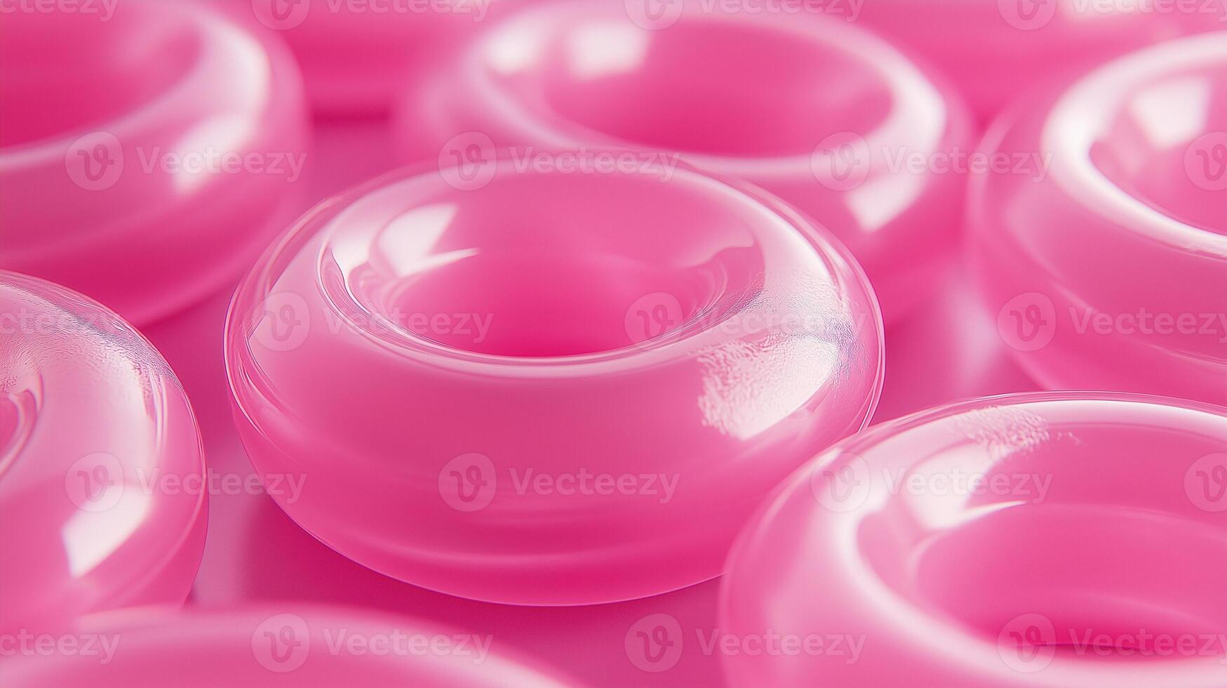 Glossy pink gummy rings image render 3d. Chewing candies display. Tasty fruity jelly bagels arranged on tray background realistic graphic. Conceptual idea, visual storytelling photo