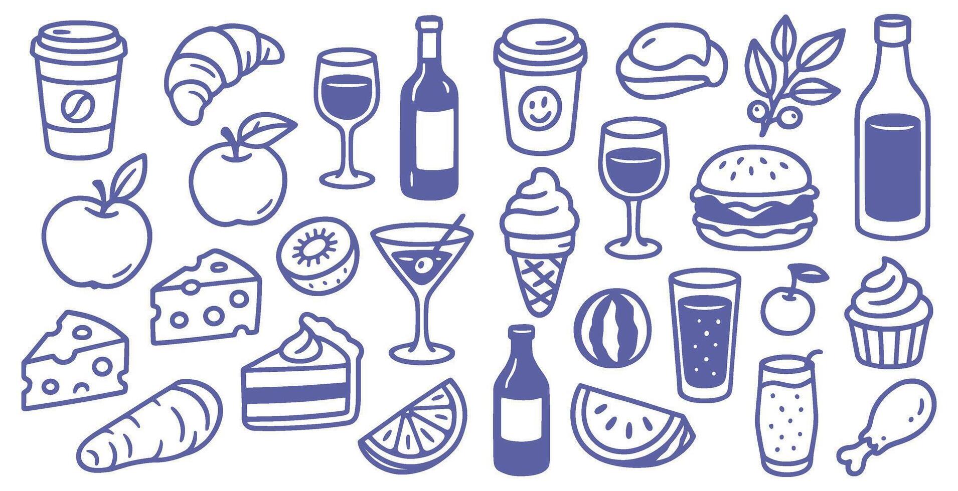 Collection of outlined food and beverage icons featuring an array of delicious culinary creations vector