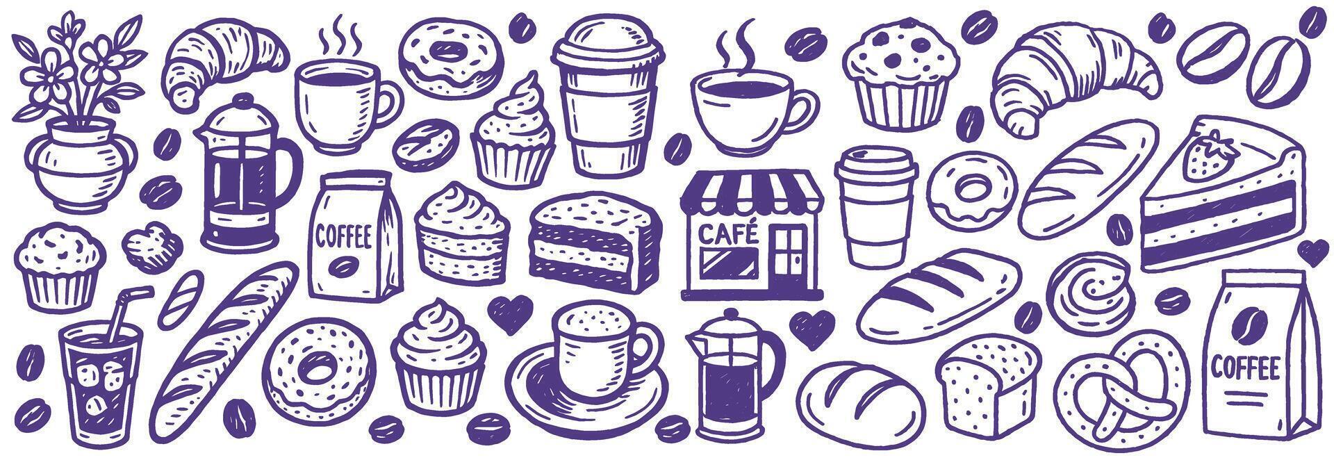 Hand drawn sketch style coffee shop set illustration of various coffees and bakery items collection vector