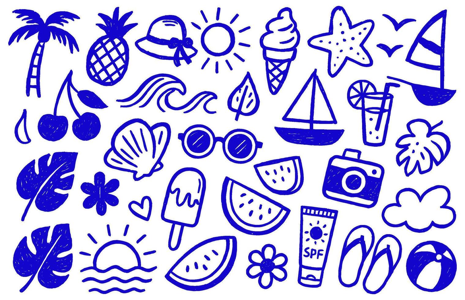 Cheerful summer doodles evoke a joyful, carefree beach vacation vibe and sunny days with tropical elements vector