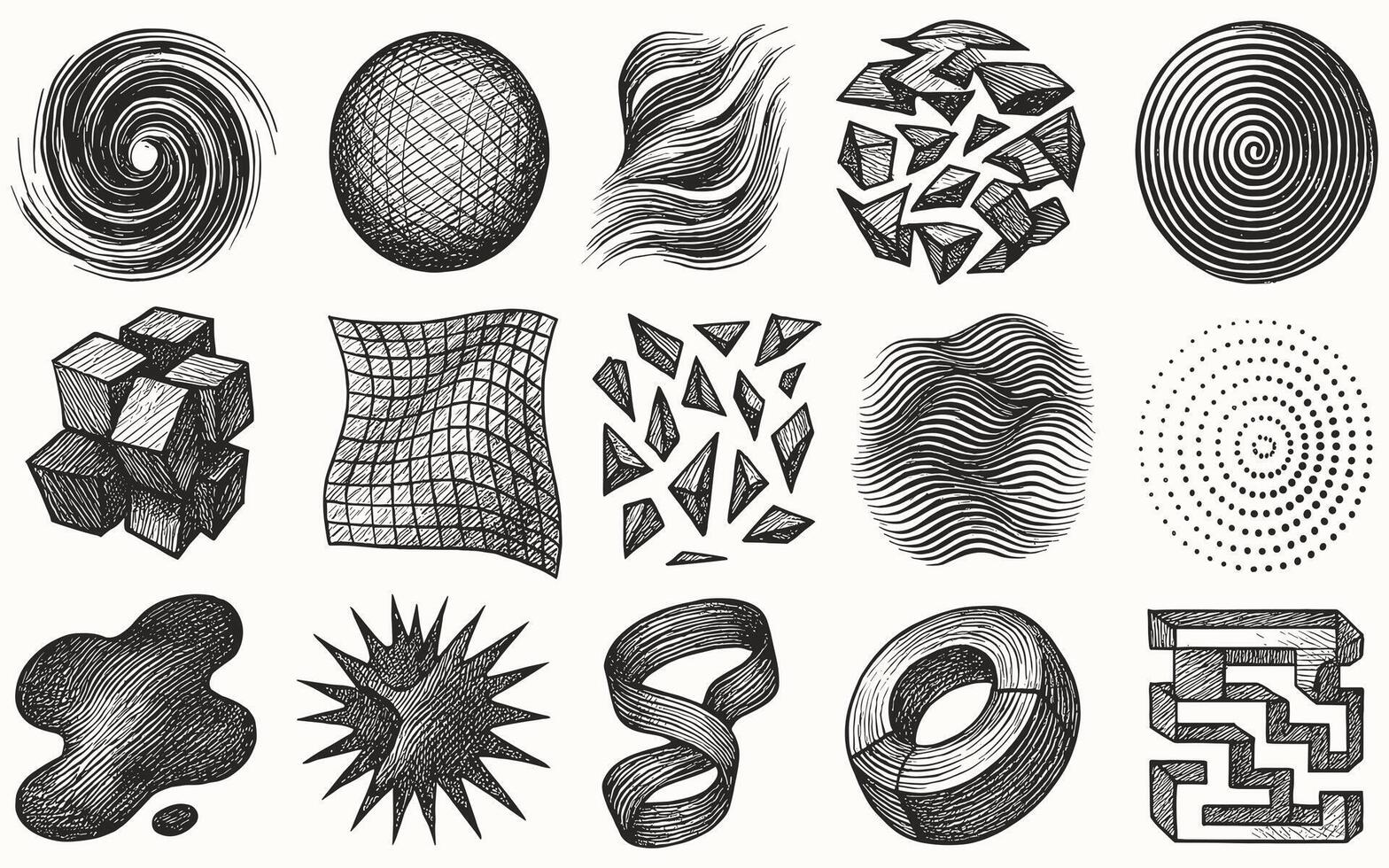 A fascinating abstract composition featuring various geometric and organic shapes skillfully sketched vector