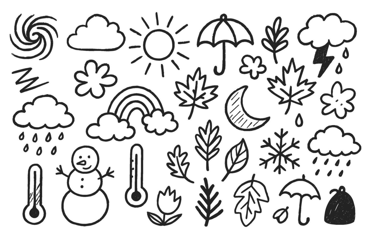 Weather and seasons doodle set featuring sun, cloud, rain, leaves, snowflake, umbrella and other elements vector