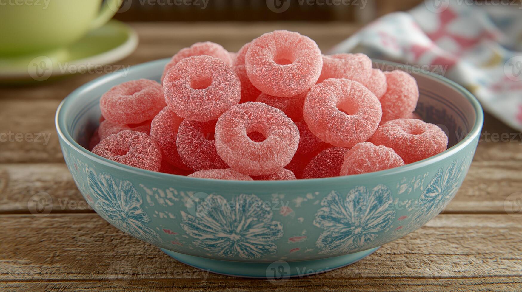 Natural gummy rings in bowl on rustic table image. Delicious jelly dessert of fruits photography scene photorealistic. Healthy chewing candies on countertop concept photo realistic
