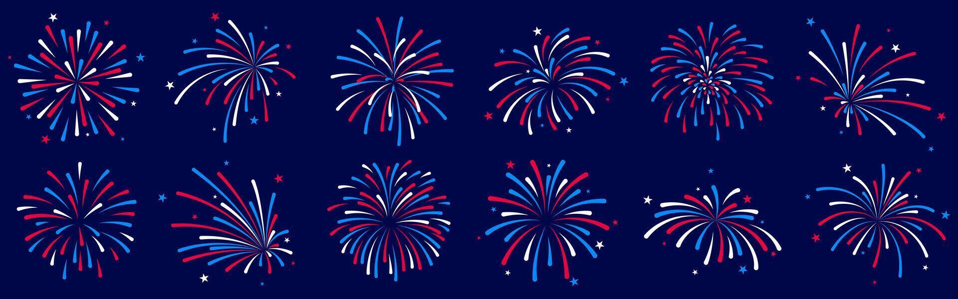 USA fireworks set, 4th July fireworks icons, blue and red vector