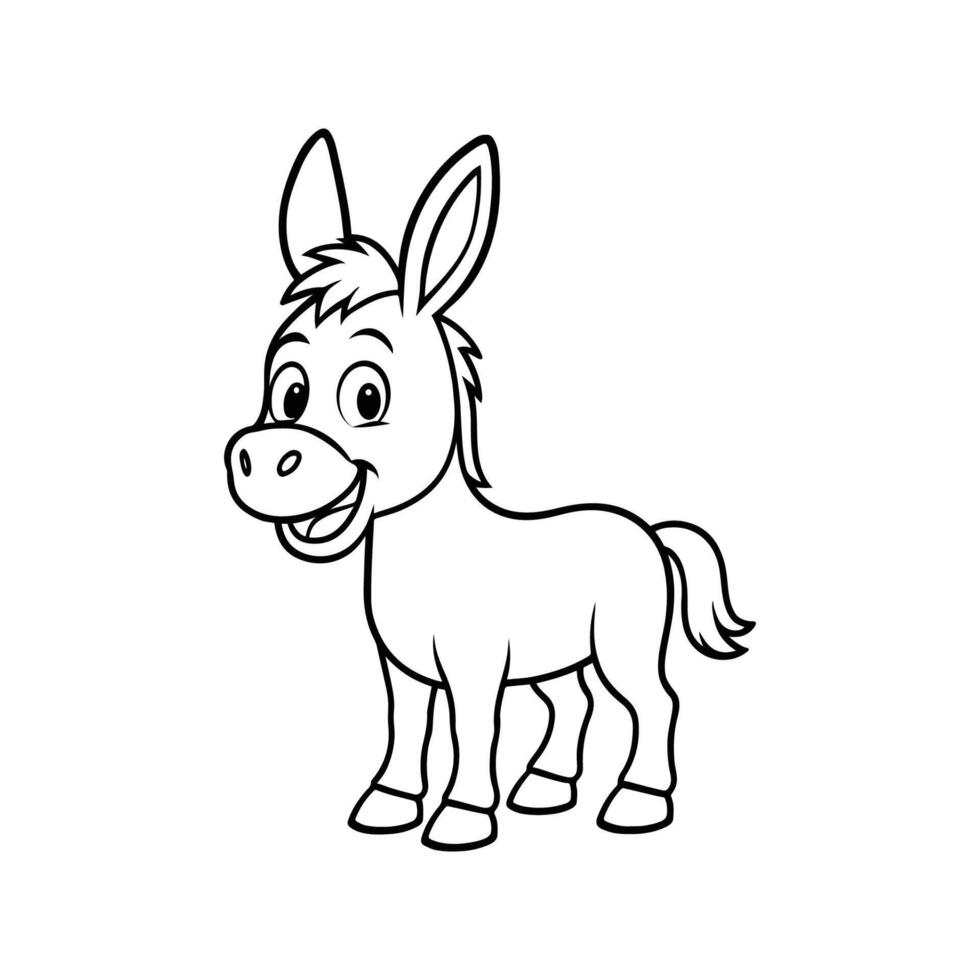 Cute black and white donkey coloring page designed for kids. vector