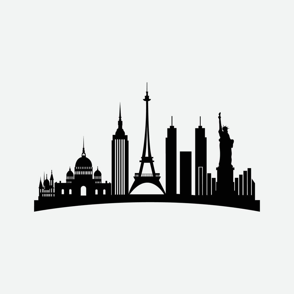 Modern city skyline silhouette with famous landmarks in black. vector