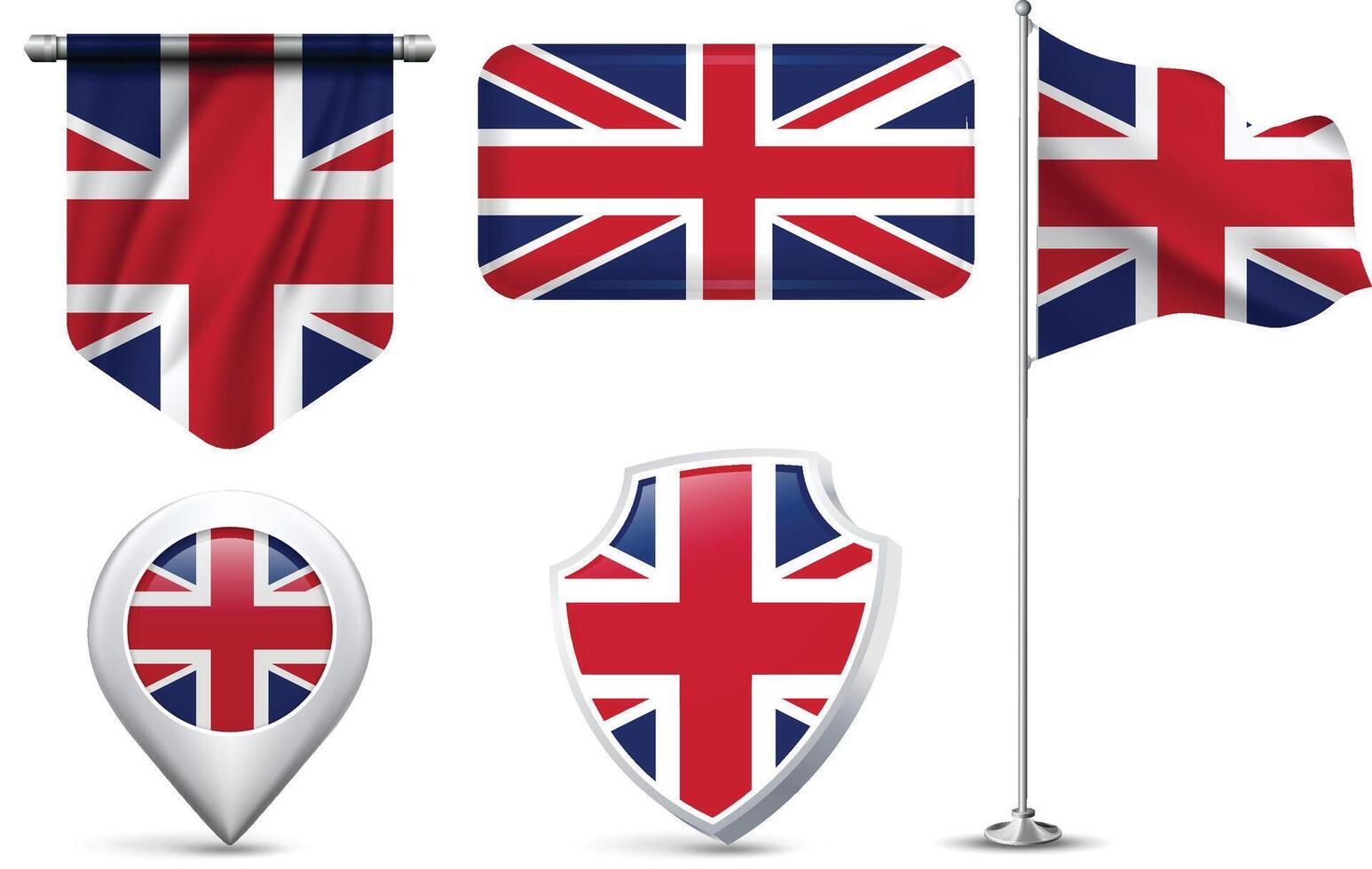 Set of United Kingdom Flags in Different Shapes and Styles vector