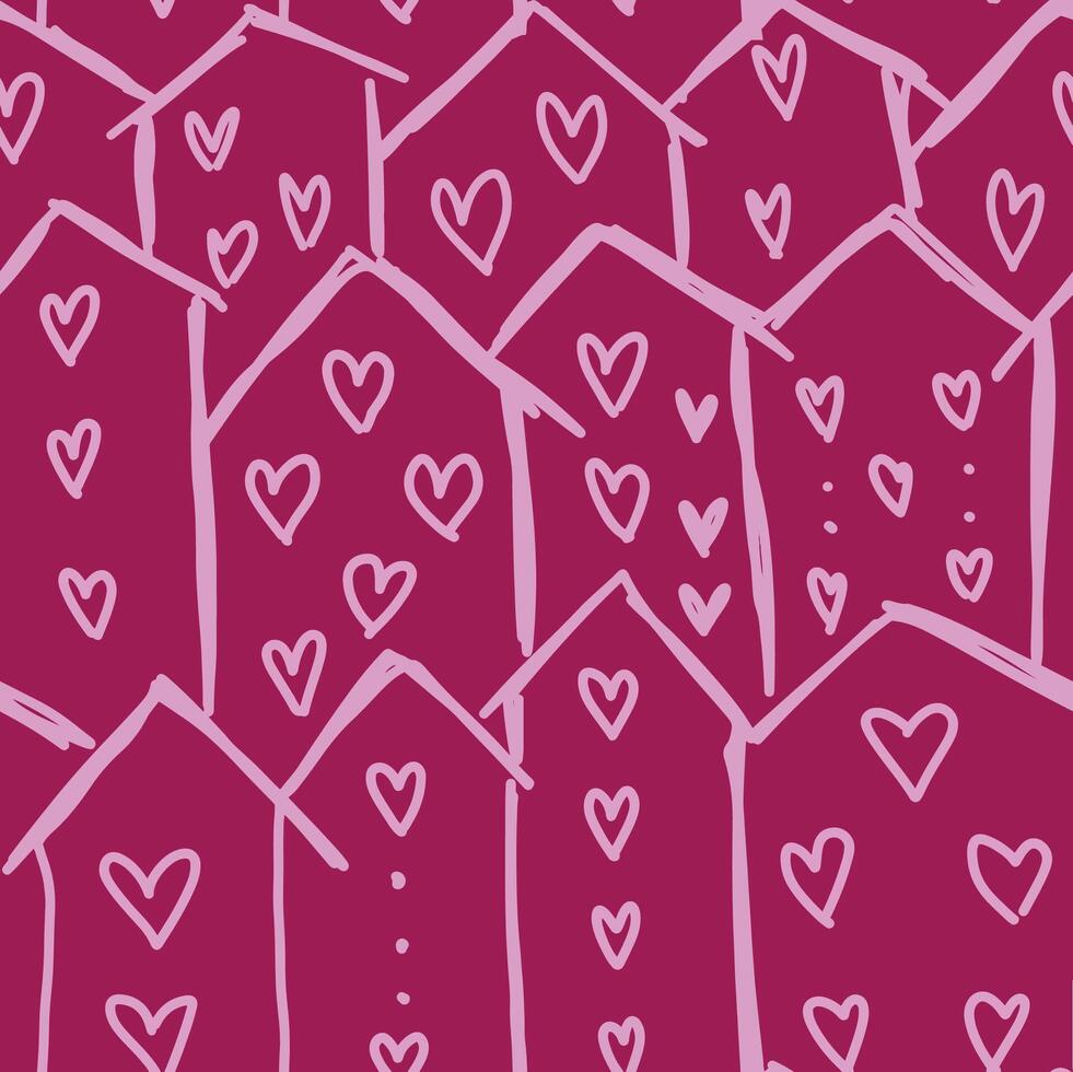 Doodle houses silhouettes with hearts seamless pattern hand drawn. vector