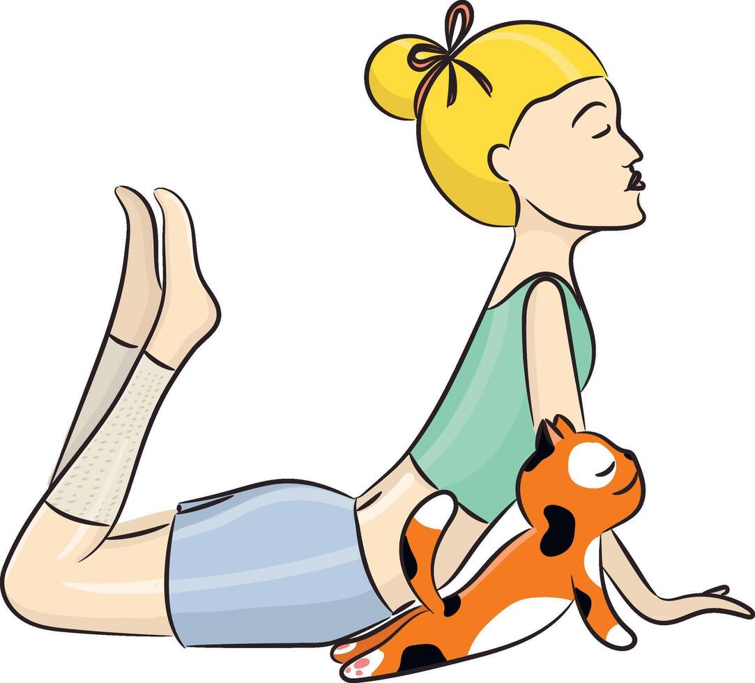 Blonde woman with the cat doing yoga in her apartments. The girl is doing exercise with concentration. Her eyes are closed. The kitten is happy. Upward facing dog pose. vector