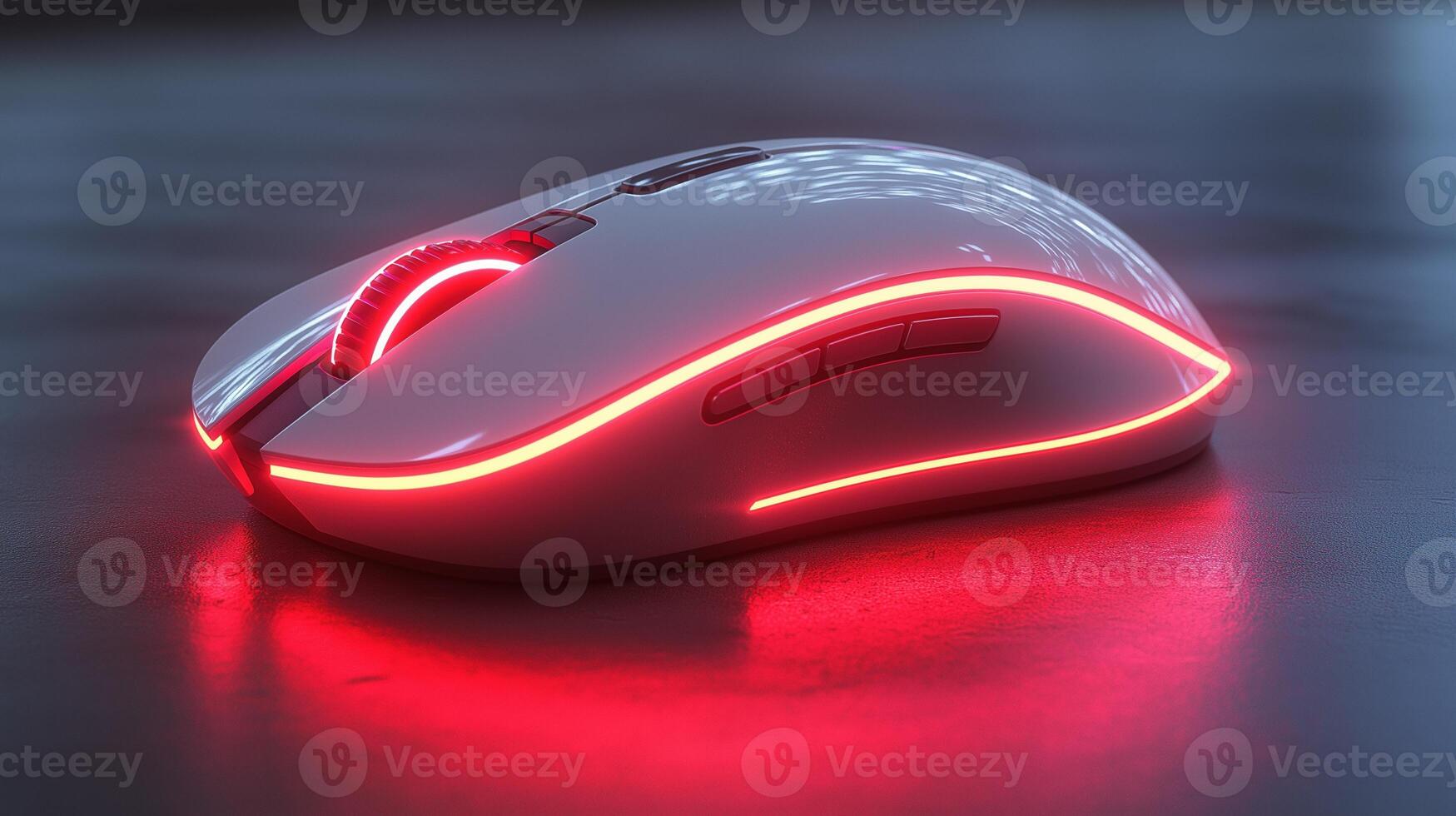 Futuristic gaming mouse with glowing red LED light image closeup. Computer device for data inputting close-up photography. Wireless hardware for gamers concept photo realistic