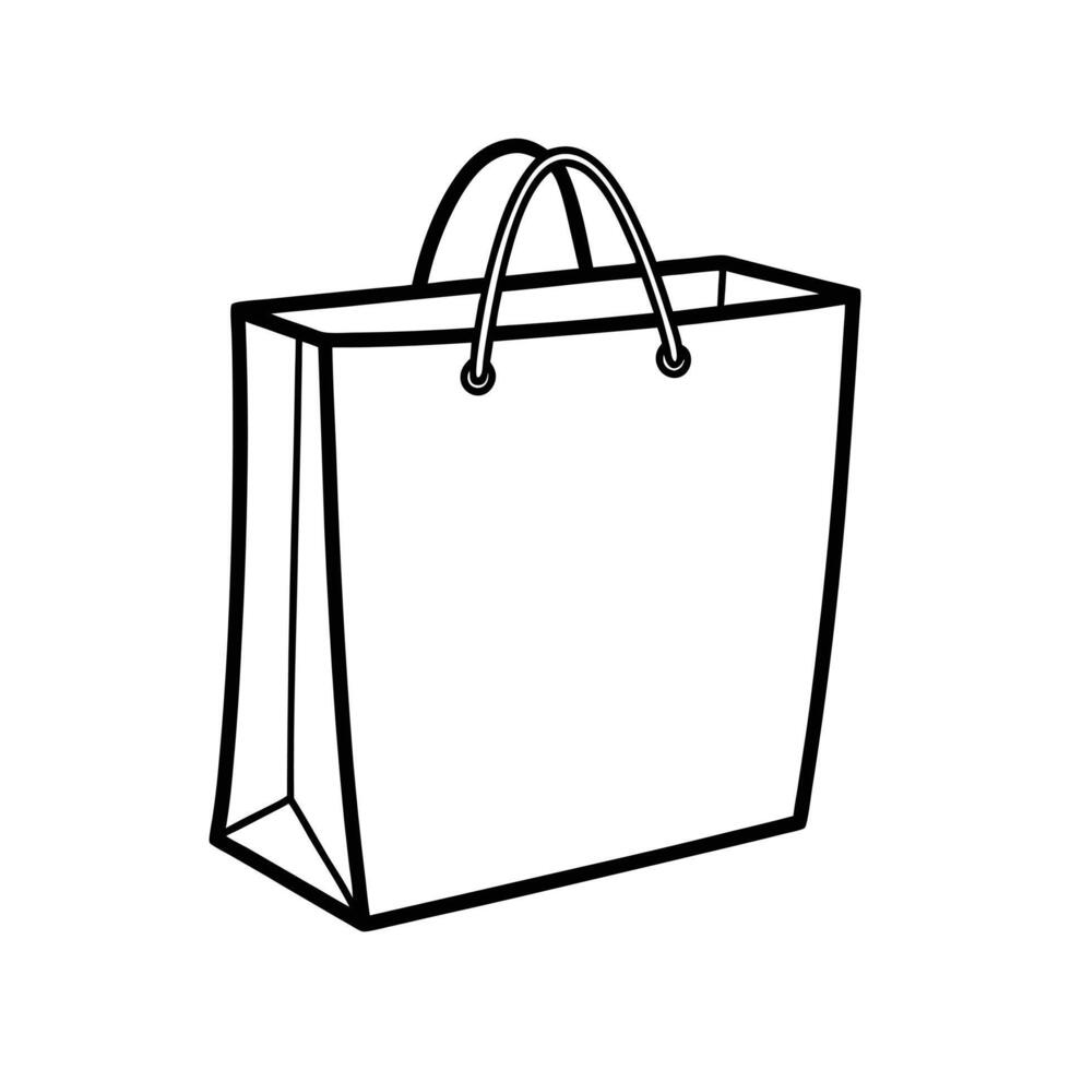 Simple black and white outline illustration of a shopping bag with handles vector