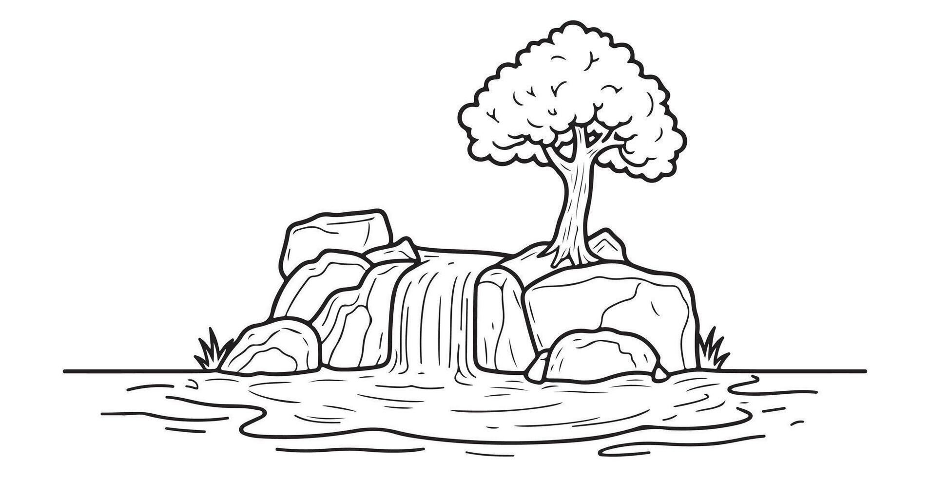 Waterfall with tree and rocks coloring page vector