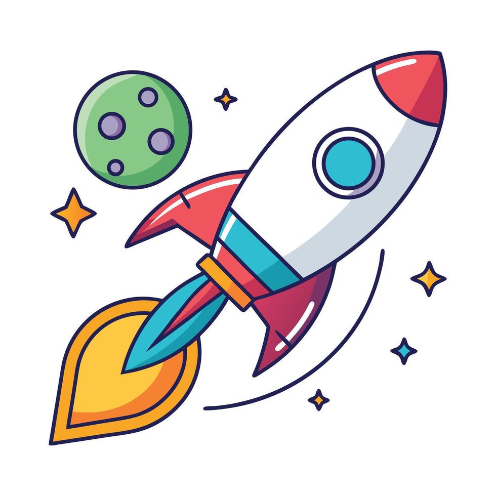Cartoon Rocket Launching into Space with Planet and Stars Illustration vector