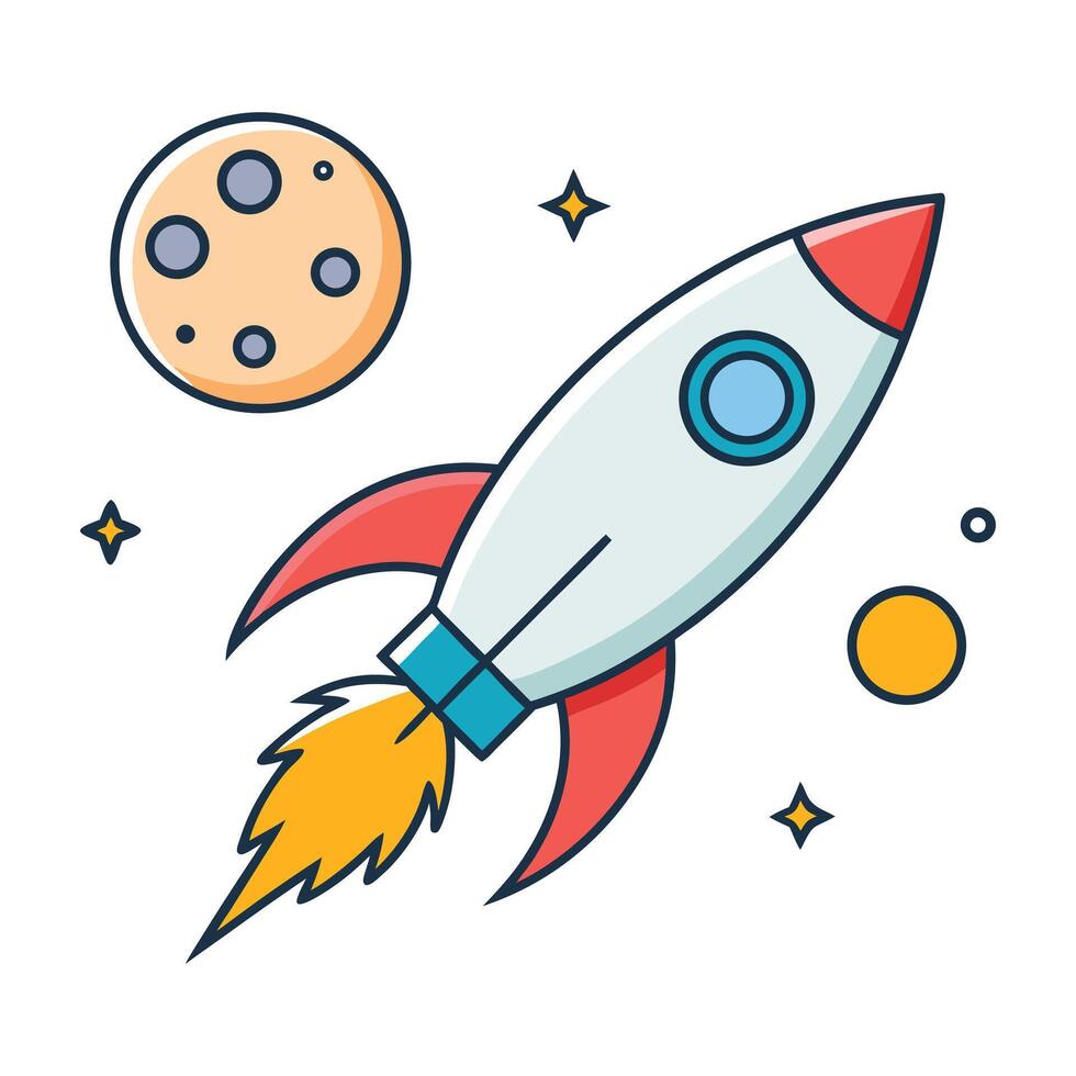 Simple Rocket Ship Illustration with Flames on white background vector