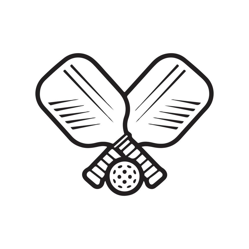 Minimalist Pickleball Icon Two Paddles Crossed with a Ball in Black and White vector