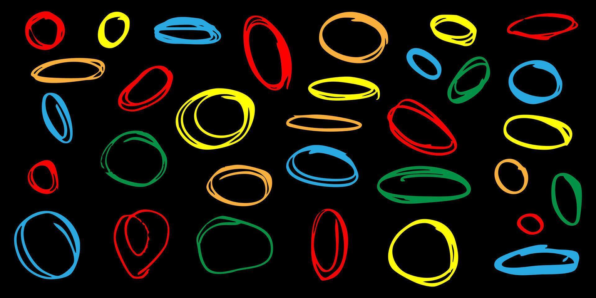 oval shapes outlined in chalk or wax crayons. Roughly drawn elliptical circles in a grunge style with a pencil or marker to emphasize textual information vector