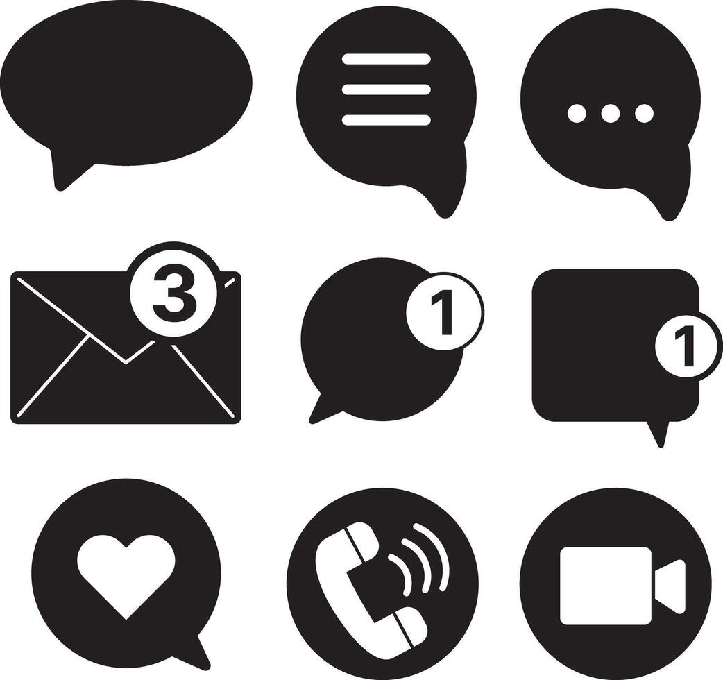Bold black icon set with chat, message, call and alert symbols. Perfect for social UI design, apps, communication dashboards and alerts. vector