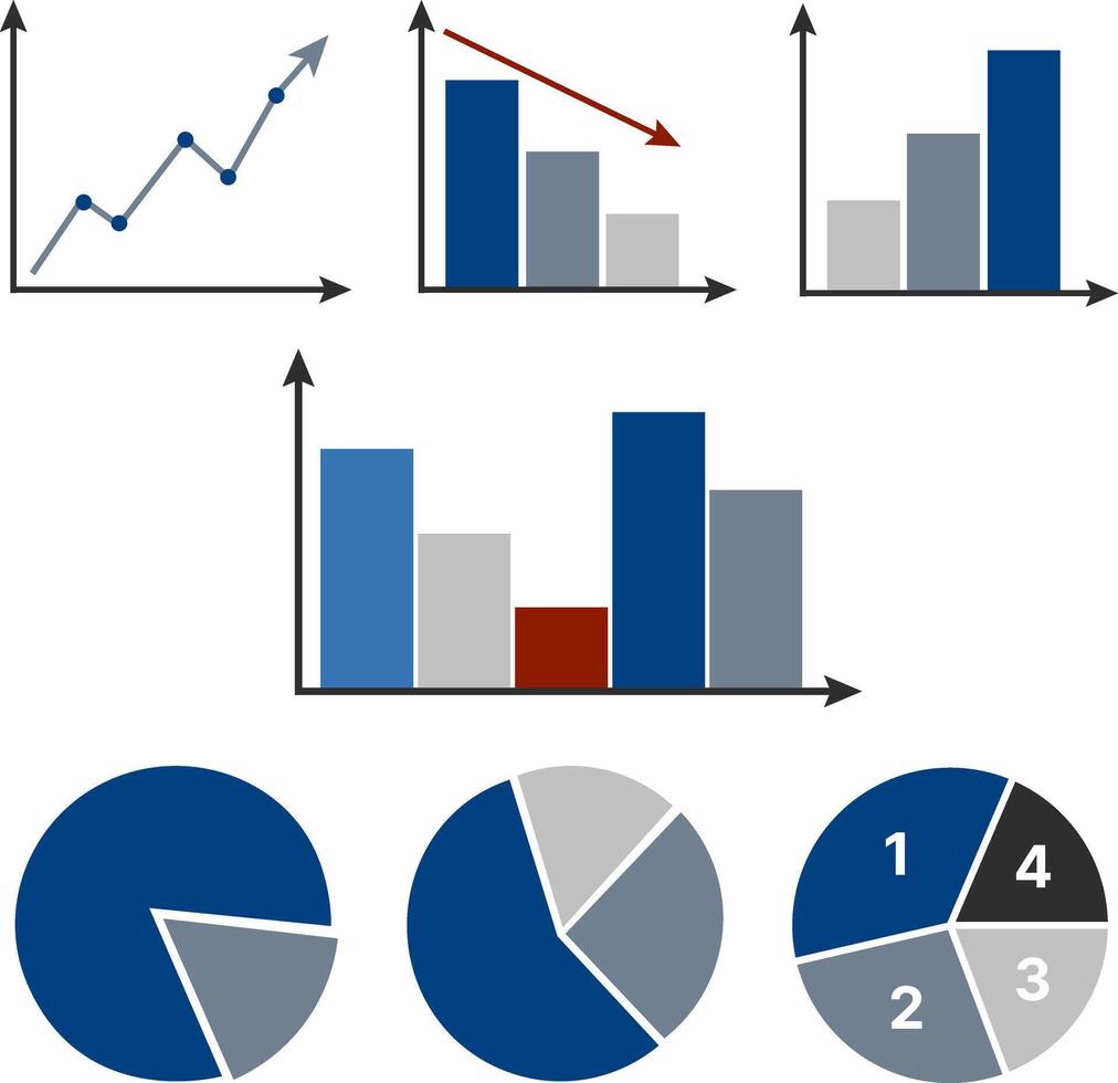 Infographic icon set featuring bar graphs, pie charts and financial charts. Ideal for dashboards, presentations and business reports. vector