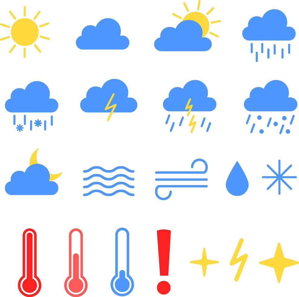 Bright weather icons with sun, rain, clouds, wind, alerts and temperatures. For weather apps, forecast UI, seasonal screens and news. vector