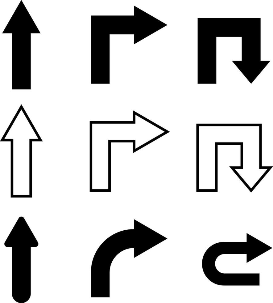 Black arrow icons with bends and turns in outline and solid form. For UI direction, web guides, maps, flowcharts and design diagrams. vector