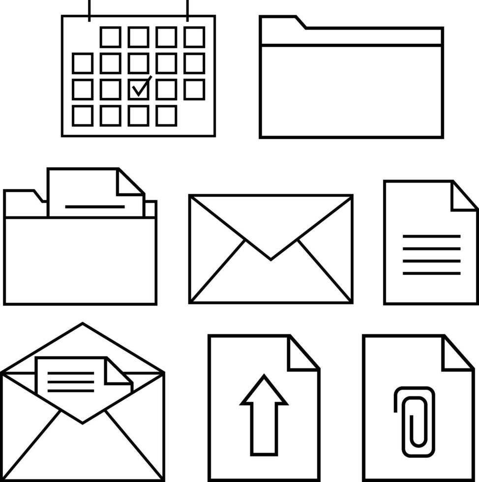 Outline icons of documents, folders, files, envelopes and calendar. Designed for productivity UI, office apps and workflow interfaces. vector