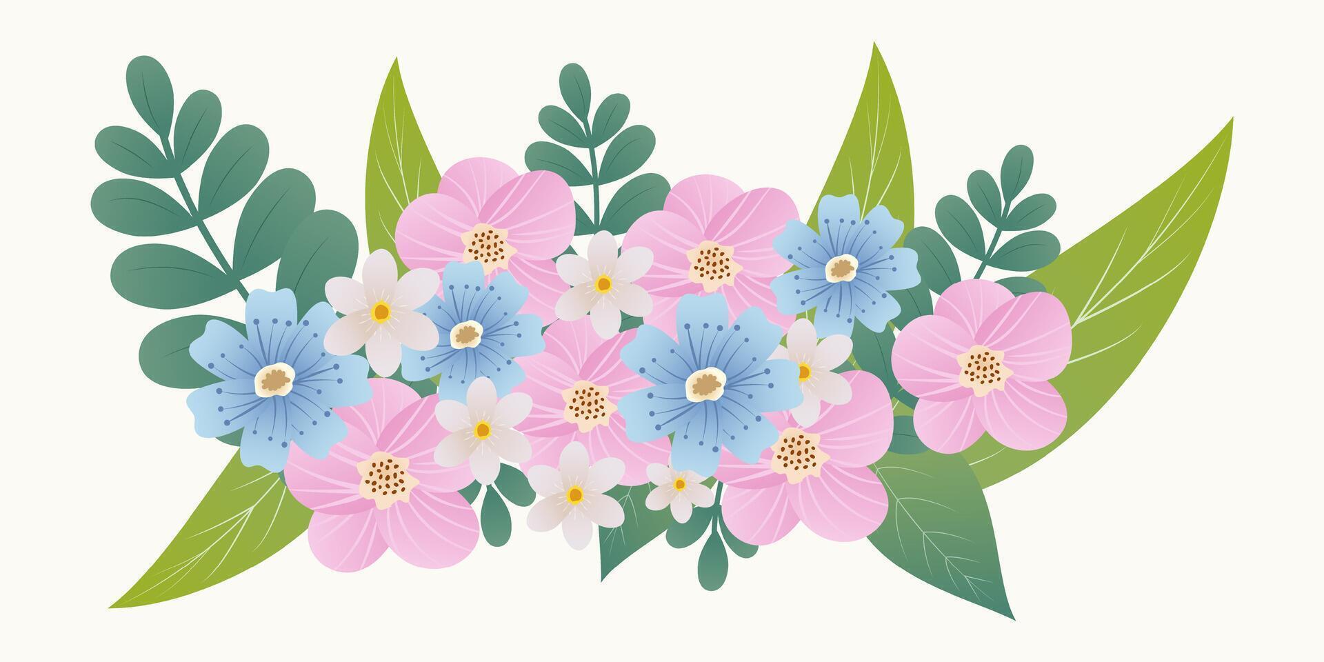 Pastel Floral Bouquet with Pink, Blue and White Flowers and Green Leaves. Perfect for stationery, invitations, packaging, and elegant design projects. vector