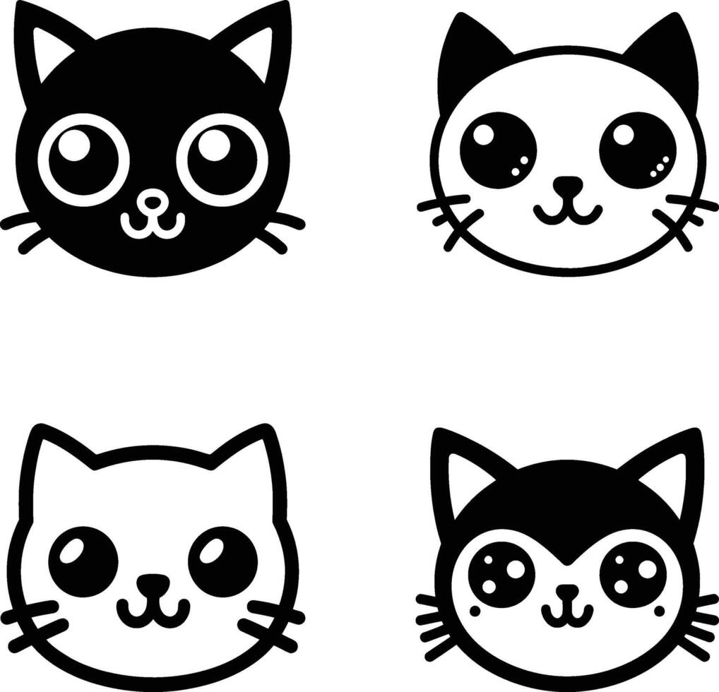 Happy Cat Face Icon, Minimalist Black and White Design vector
