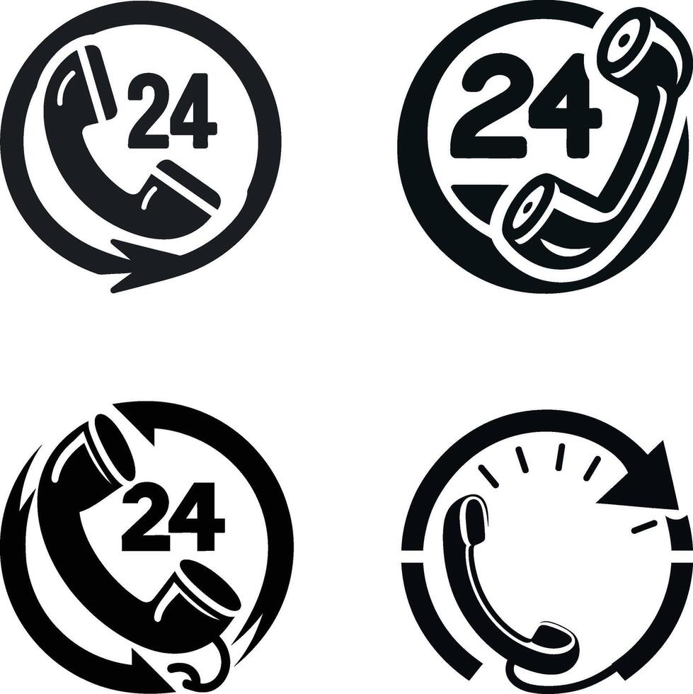 24 Hours Service Icon, Black Telephone Receiver on White Background vector