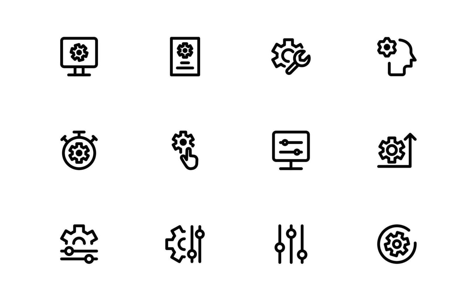 Settings Icon Pack. Editable Graphics for Adjustment, Optimization, and Fine-Tuning of Applications and Systems vector