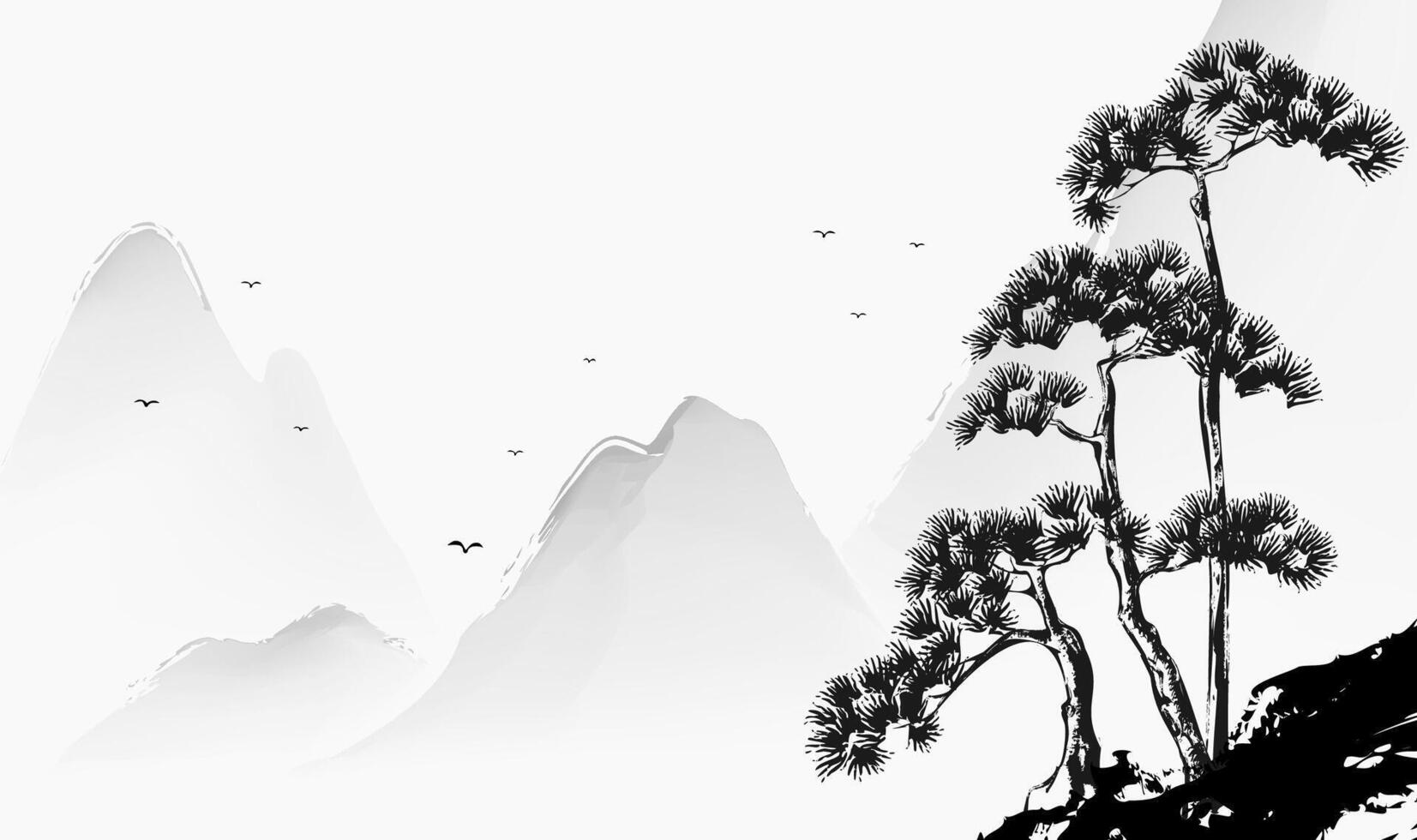 Horizontal watercolor ink art illustrations of pine trees and landscapes vector
