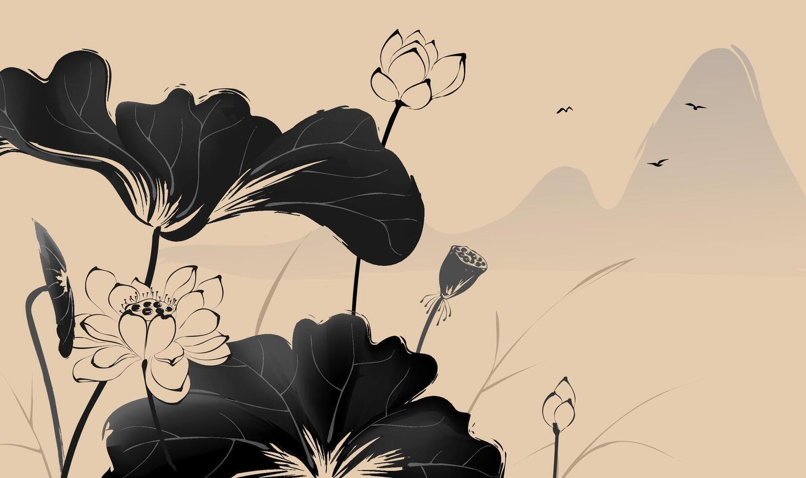 Horizontal version of Chinese style ink painting Lotus and landscape vector